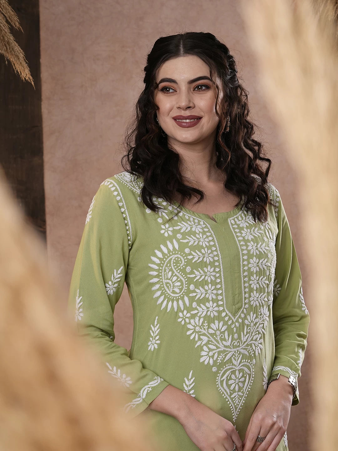 Ada Hand Embroidered Green Rayon Lucknowi Chikankari Short Kurti A911393