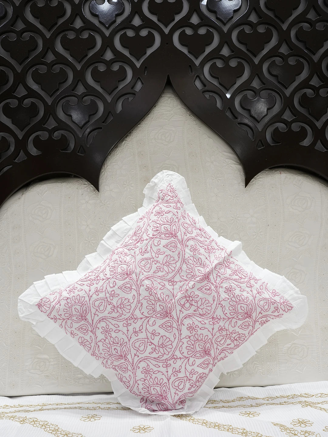 Ada Hand Embroidered White Cotton Lucknowi Chikankari Cushion Cover 01A505467