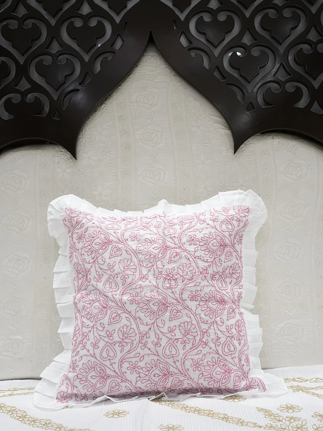 Ada Hand Embroidered White Cotton Lucknowi Chikankari Cushion Cover 01A505467