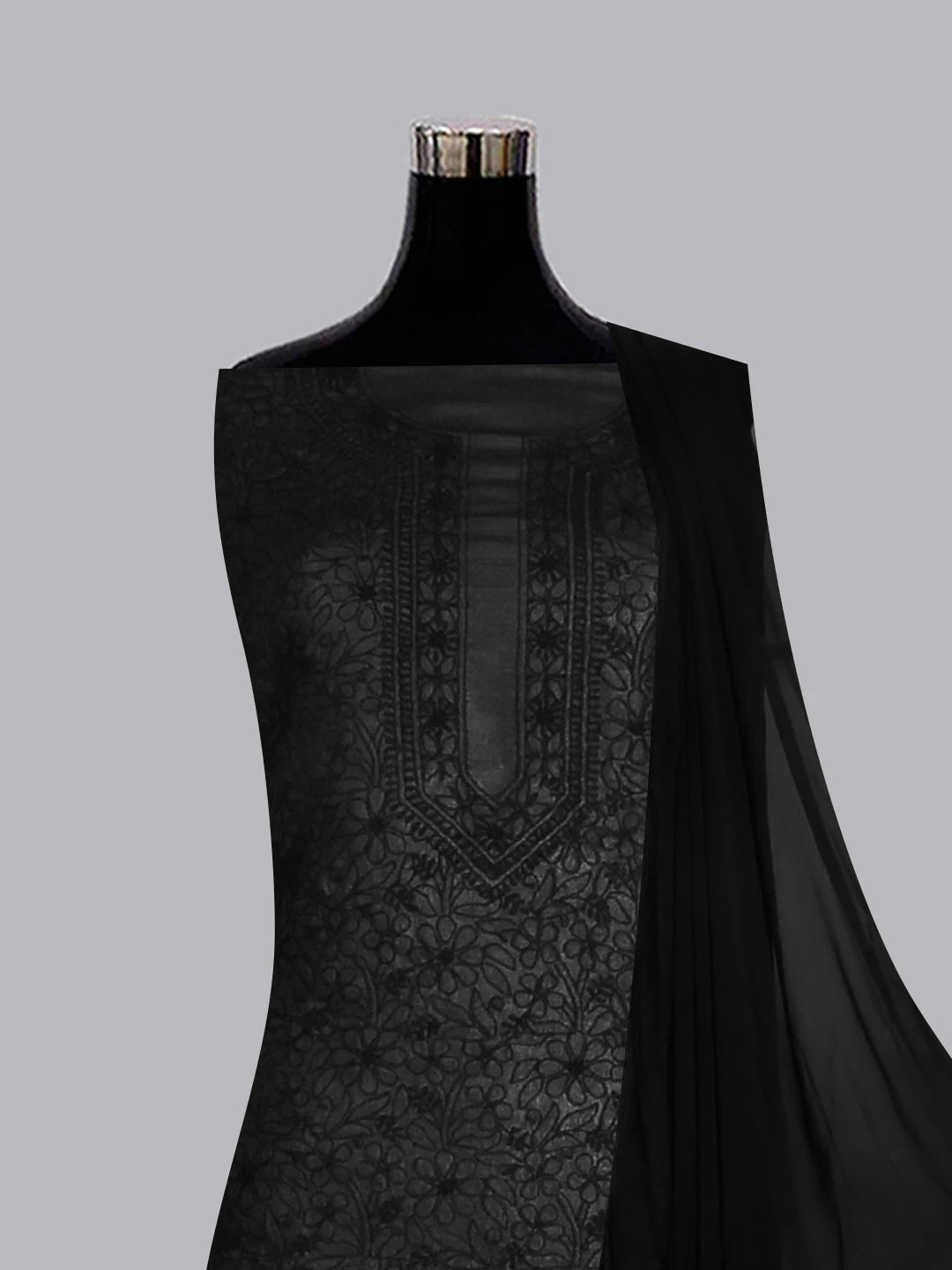 Ada Hand Embroidered Black Silk Lucknowi Chikankari Unstitched Suit Piece 01A529666