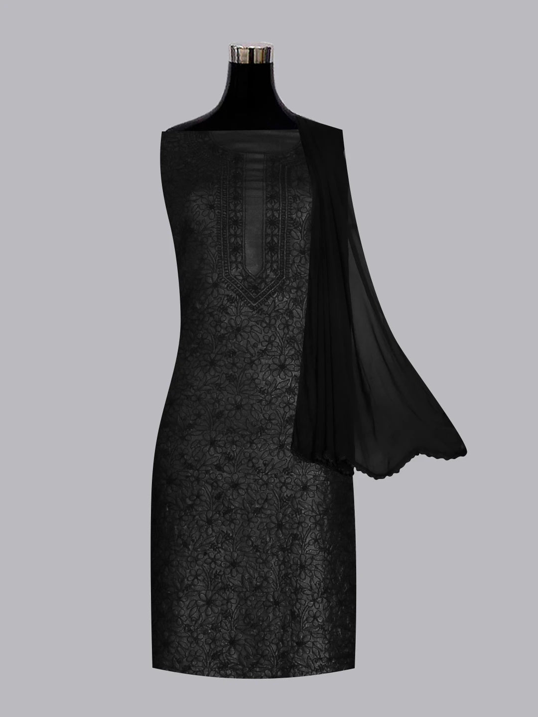Ada Hand Embroidered Black Silk Lucknowi Chikankari Unstitched Suit Piece 01A529666