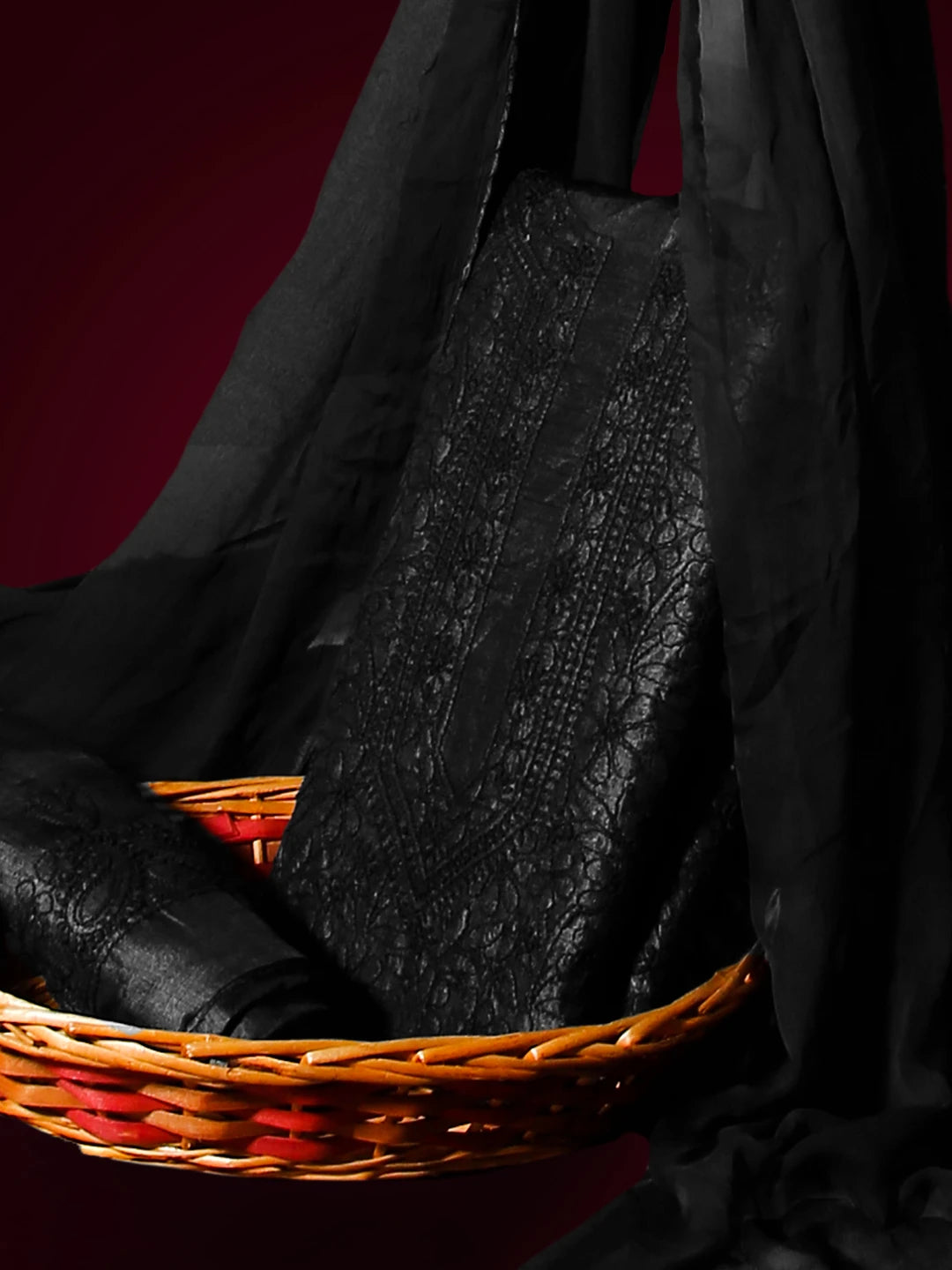 Ada Hand Embroidered Black Silk Lucknowi Chikankari Unstitched Suit Piece 01A529666