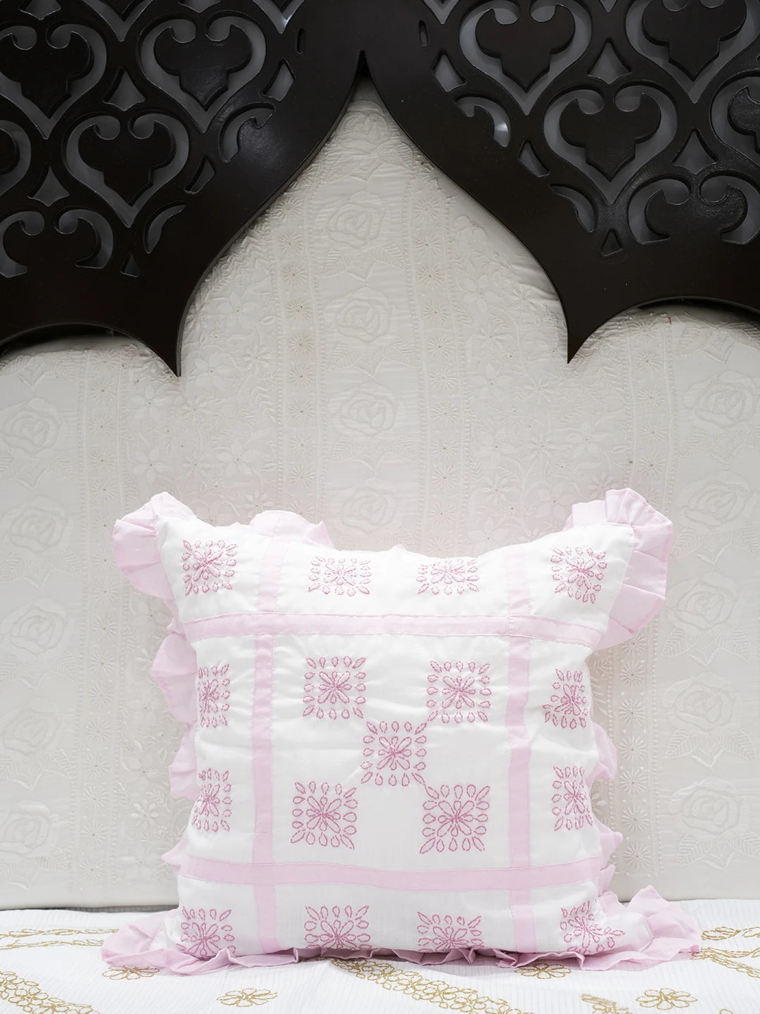 Ada Hand Embroidered White Cotton Lucknowi Chikankari Cushion Cover 01A431296