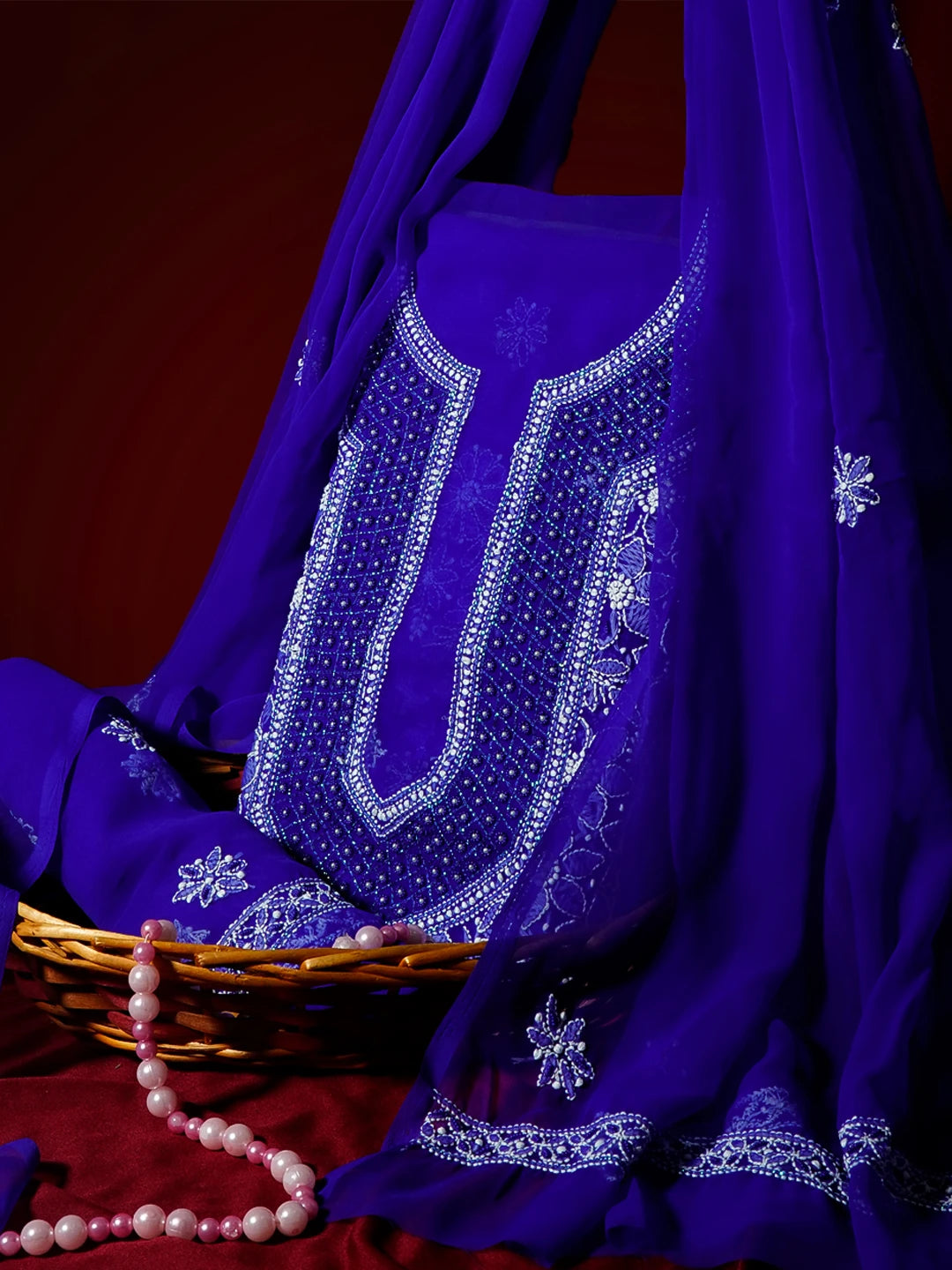 Ada Hand Embroidered Royal Blue Georgette Lucknowi Chikankari Unstitched Suit Piece With Pearl Work 01A536035