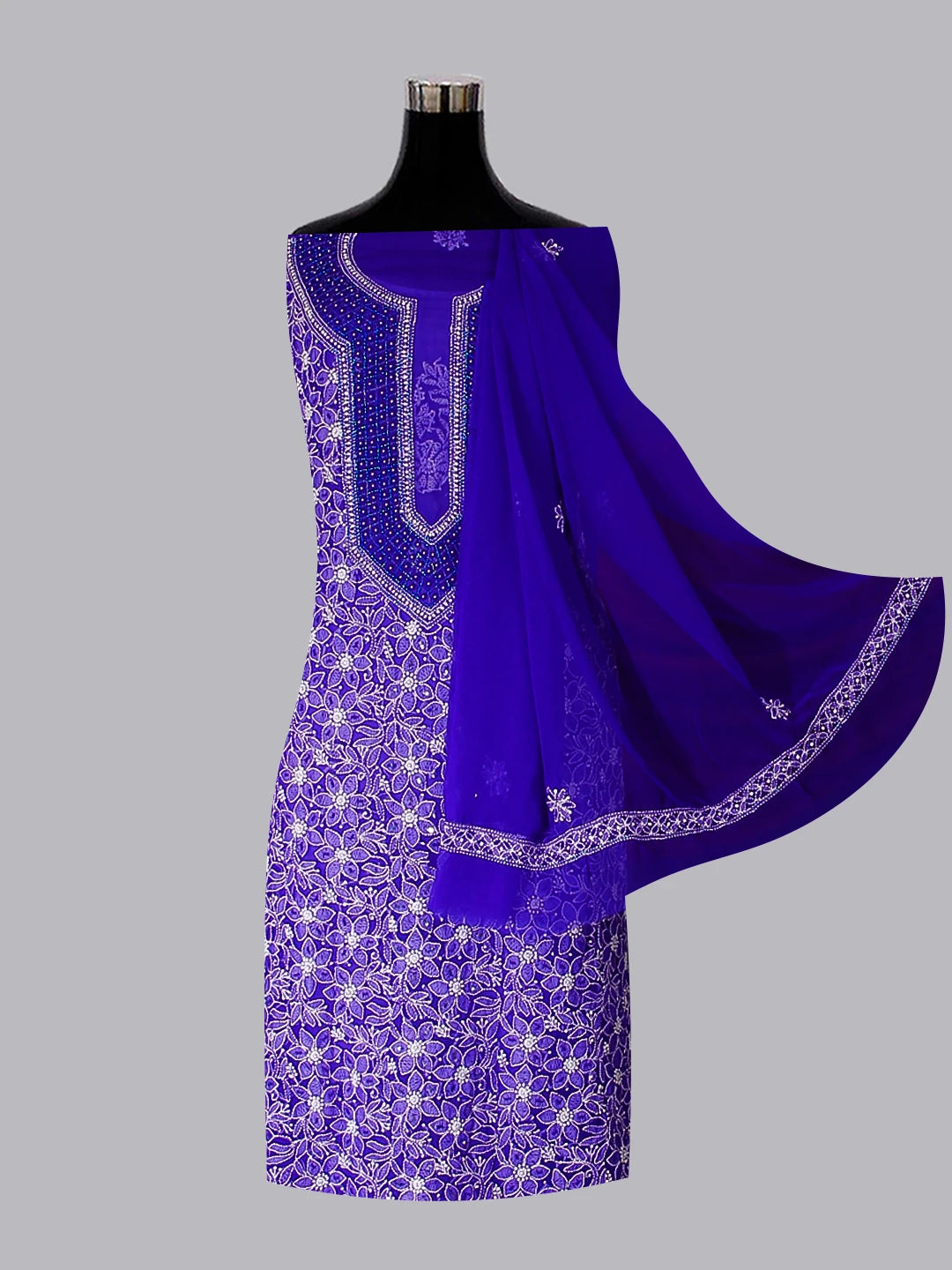 Ada Hand Embroidered Royal Blue Georgette Lucknowi Chikankari Unstitched Suit Piece With Pearl Work 01A536035