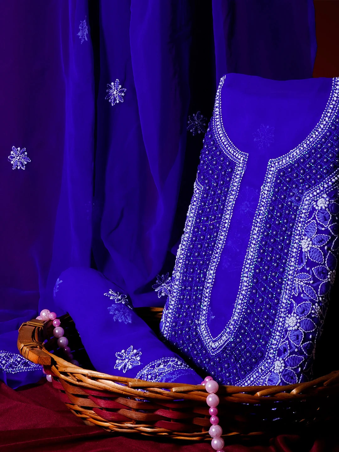 Ada Hand Embroidered Royal Blue Georgette Lucknowi Chikankari Unstitched Suit Piece With Pearl Work 01A536035