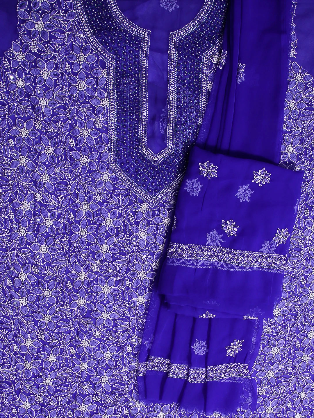 Ada Hand Embroidered Royal Blue Georgette Lucknowi Chikankari Unstitched Suit Piece With Pearl Work 01A536035