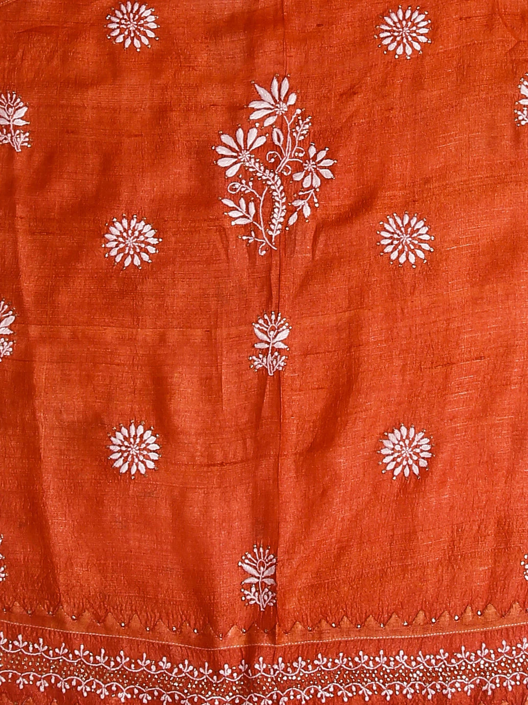 Ada Hand Embroidered Rust Silk Lucknowi Chikankari Unstitched Kurta Dupatta Set With Muqaish Work 01A408340