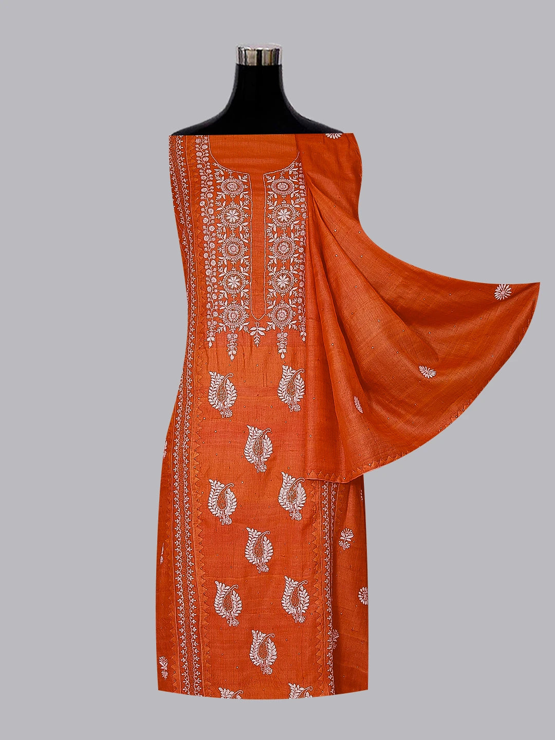 Ada Hand Embroidered Rust Silk Lucknowi Chikankari Unstitched Kurta Dupatta Set With Muqaish Work 01A408340