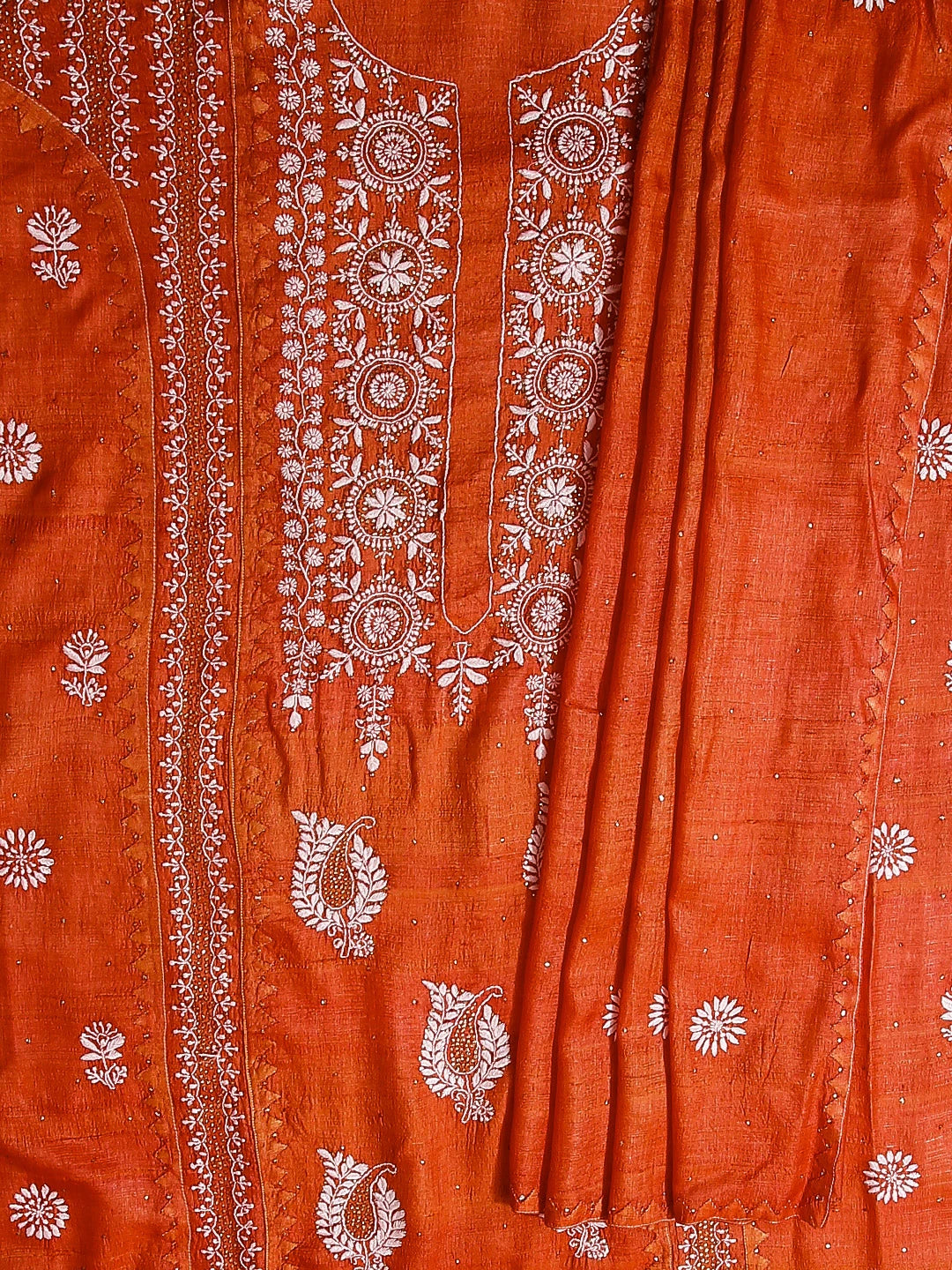 Ada Hand Embroidered Rust Silk Lucknowi Chikankari Unstitched Kurta Dupatta Set With Muqaish Work 01A408340