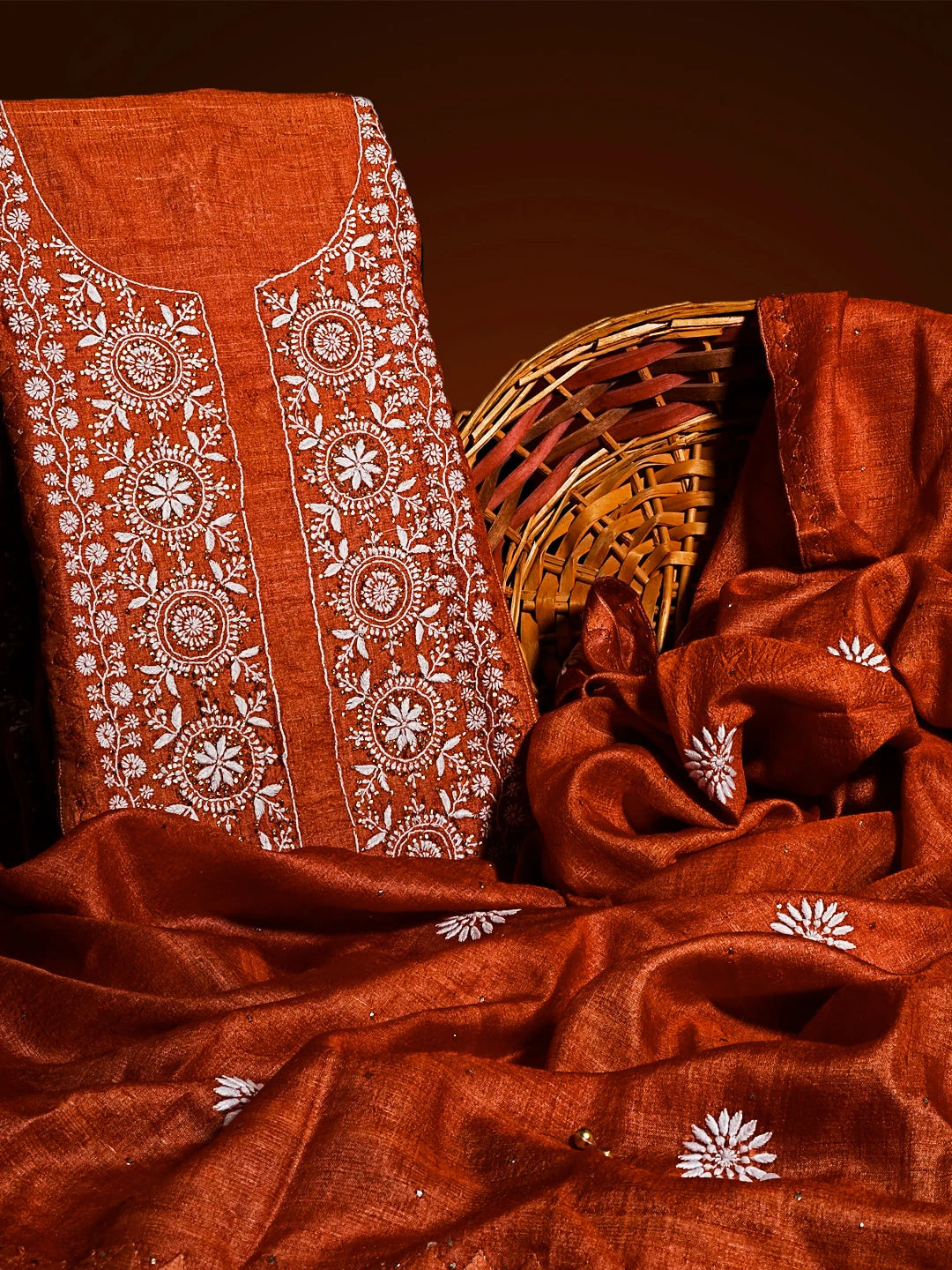 Ada Hand Embroidered Rust Silk Lucknowi Chikankari Unstitched Kurta Dupatta Set With Muqaish Work 01A408340