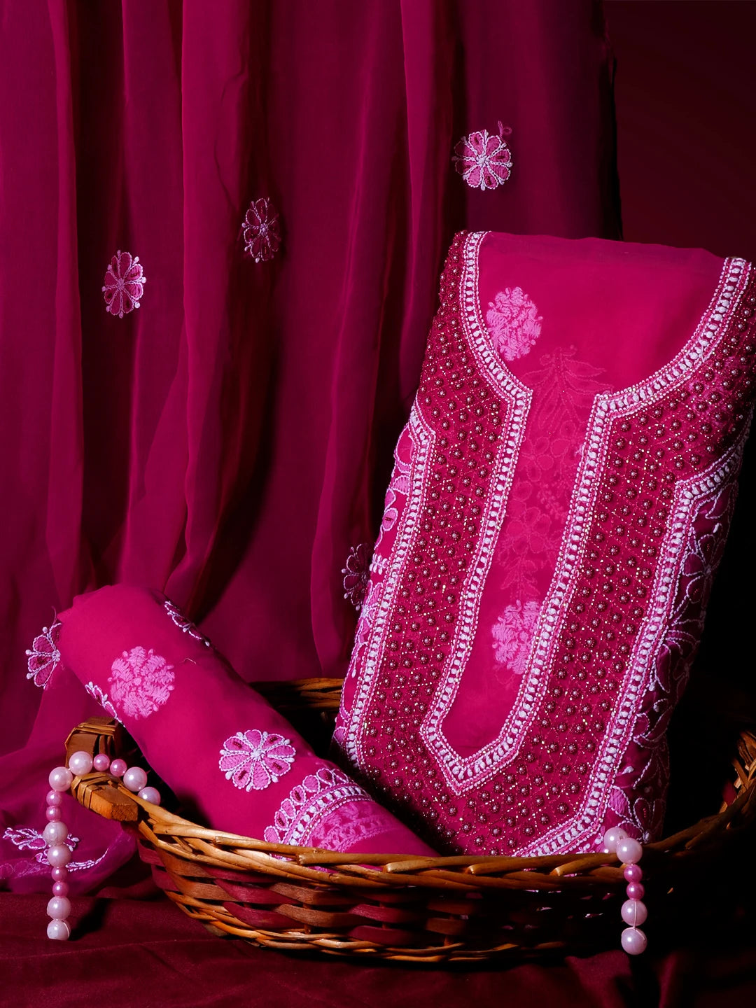 Ada Hand Embroidered Magenta Georgette Lucknowi Chikankari Unstitched Suit Piece With Pearl Work 01A536025