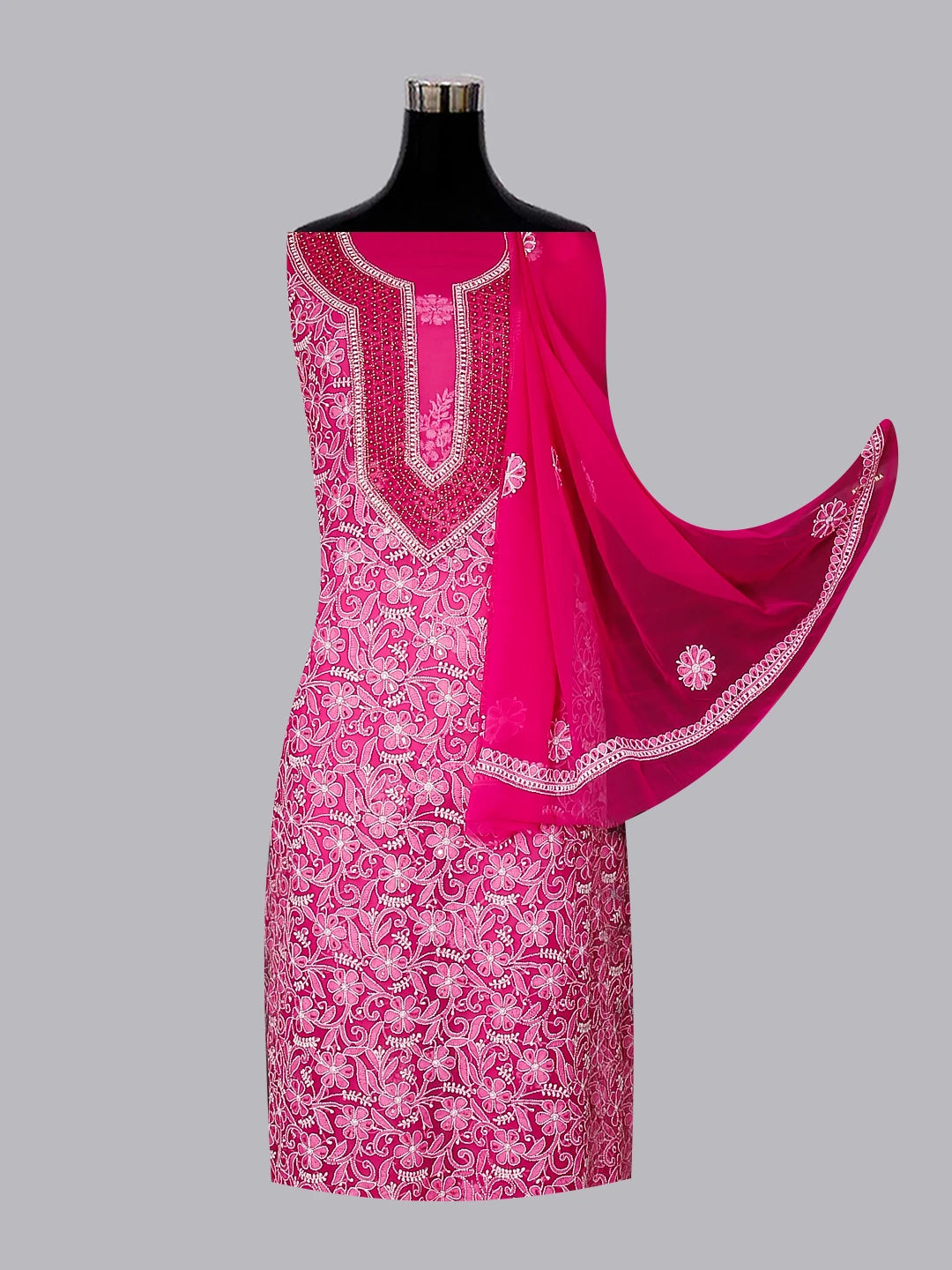 Ada Hand Embroidered Magenta Georgette Lucknowi Chikankari Unstitched Suit Piece With Pearl Work 01A536025
