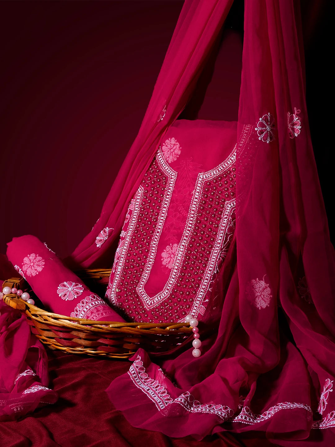 Ada Hand Embroidered Magenta Georgette Lucknowi Chikankari Unstitched Suit Piece With Pearl Work 01A536025