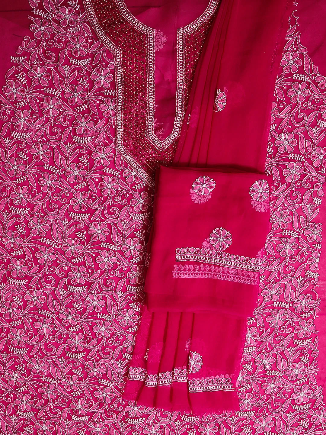 Ada Hand Embroidered Magenta Georgette Lucknowi Chikankari Unstitched Suit Piece With Pearl Work 01A536025