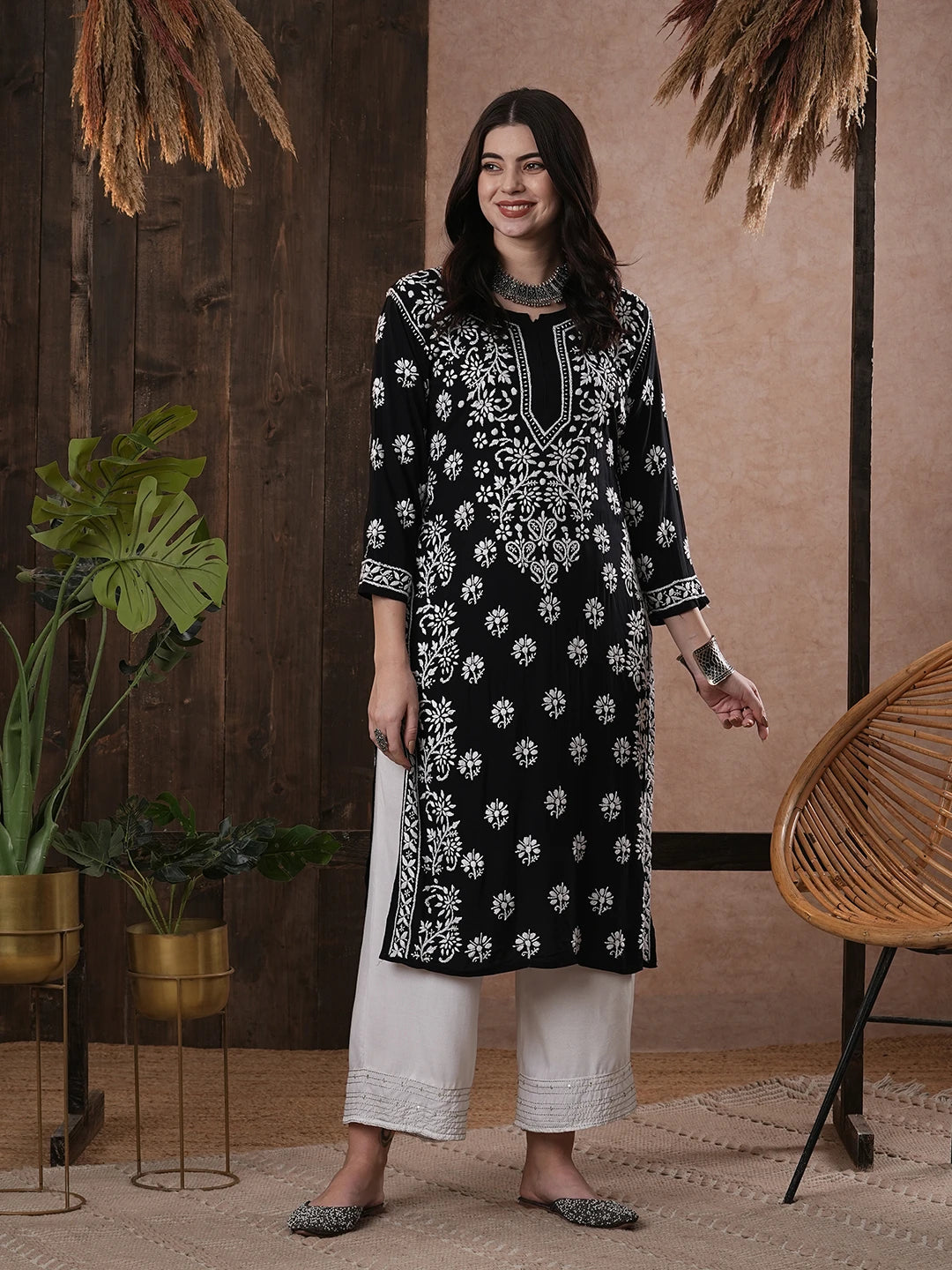 Ada Hand Embroidered Black Modal Lucknowi Chikankari Straight Kurta A411555