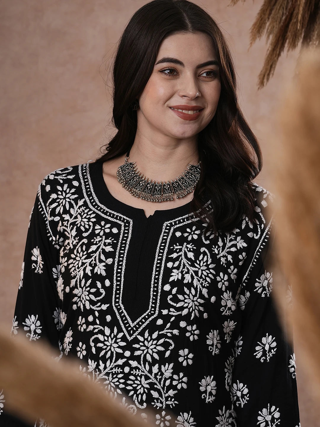 Ada Hand Embroidered Black Modal Lucknowi Chikankari Straight Kurta A411555