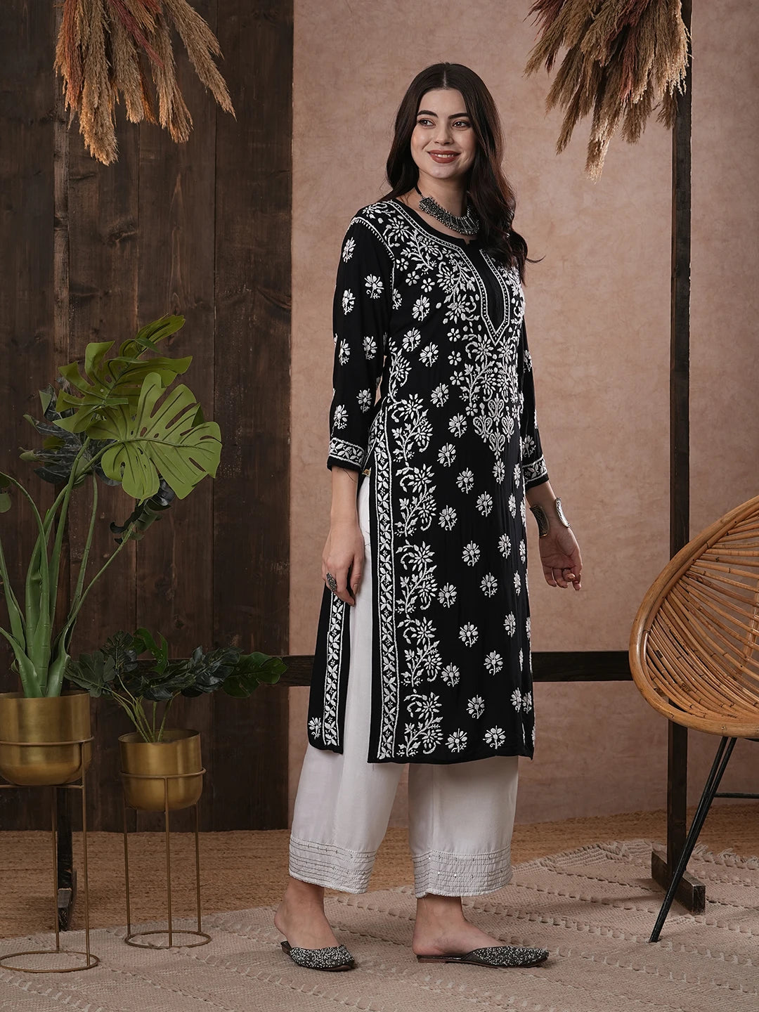 Ada Hand Embroidered Black Modal Lucknowi Chikankari Straight Kurta A411555