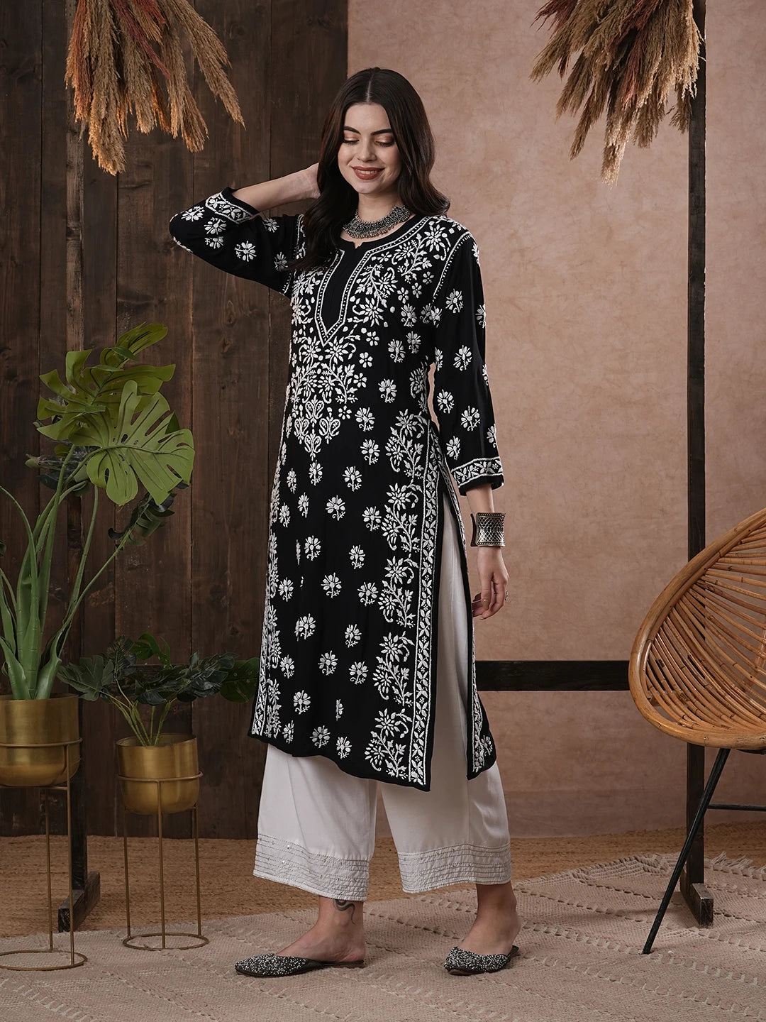 Ada Hand Embroidered Black Modal Lucknowi Chikankari Straight Kurta A411555