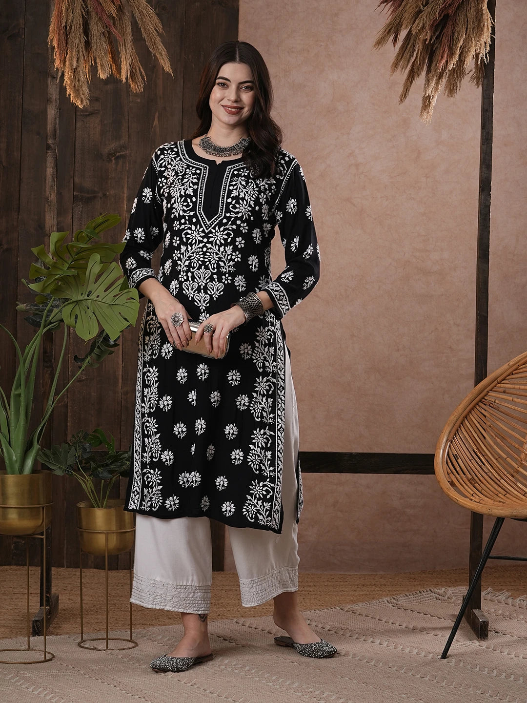 Ada Hand Embroidered Black Modal Lucknowi Chikankari Straight Kurta A411555