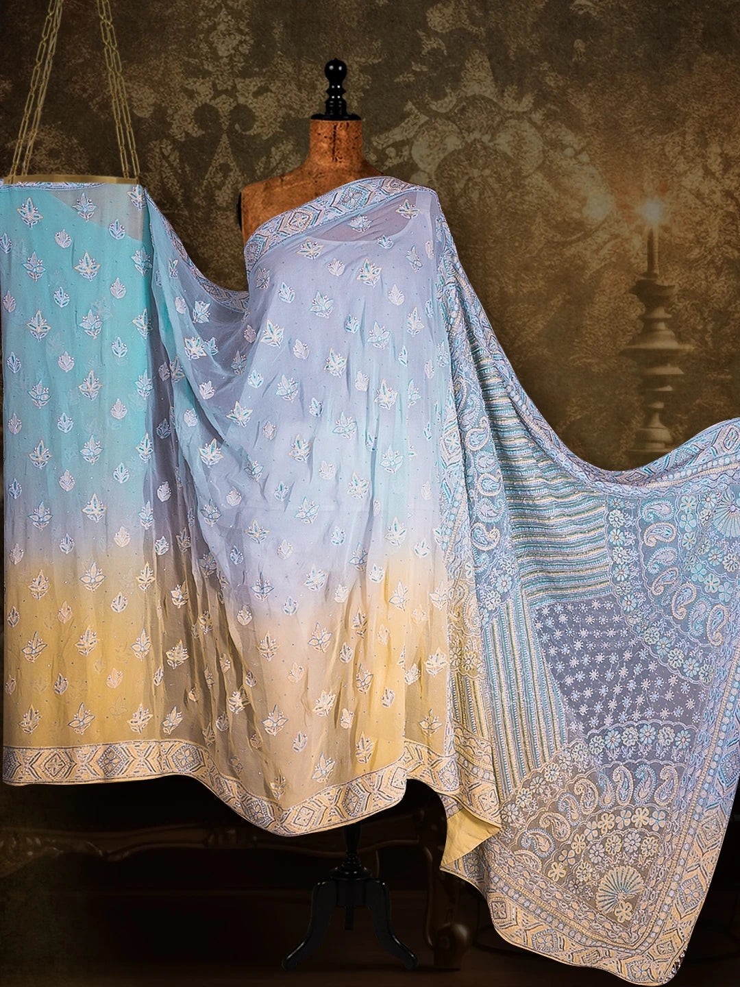 Ada Hand Embroidered Ombre Shade Blue/Lemon Pure Georgette Lucknowi Chikankari Saree and Blouse With Sequinned Work 01A452731