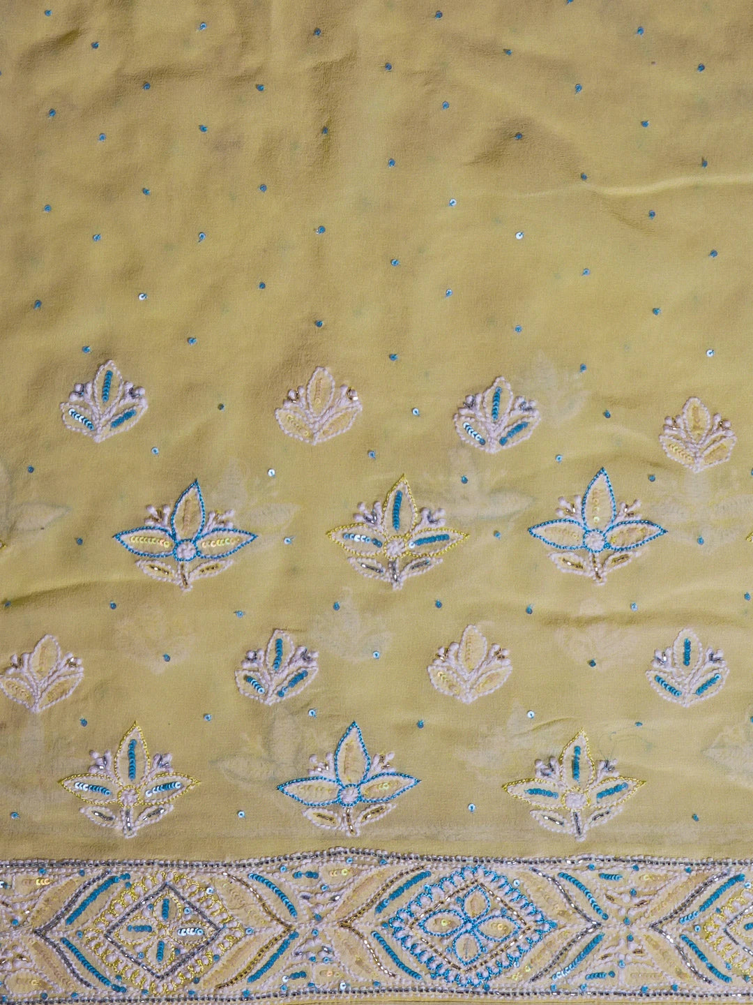 Ada Hand Embroidered Ombre Shade Blue/Lemon Pure Georgette Lucknowi Chikankari Saree and Blouse With Sequinned Work 01A452731