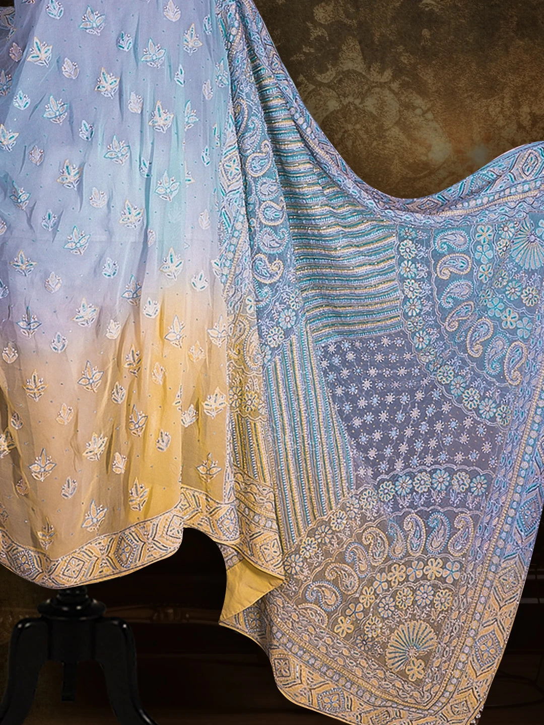 Ada Hand Embroidered Ombre Shade Blue/Lemon Pure Georgette Lucknowi Chikankari Saree and Blouse With Sequinned Work 01A452731