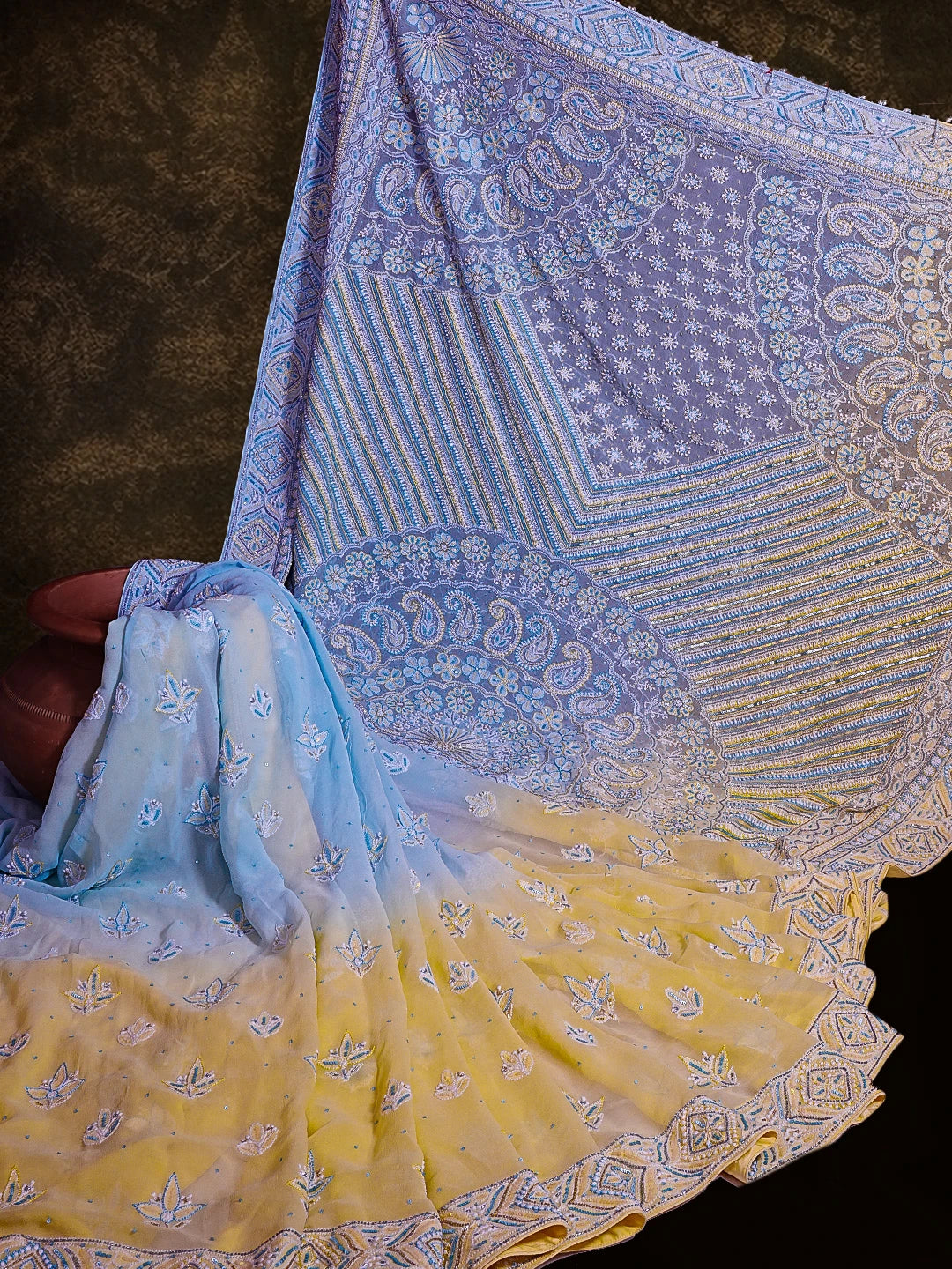 Ada Hand Embroidered Ombre Shade Blue/Lemon Pure Georgette Lucknowi Chikankari Saree and Blouse With Sequinned Work 01A452731