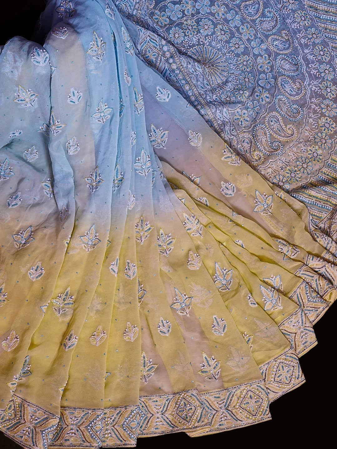 Ada Hand Embroidered Ombre Shade Blue/Lemon Pure Georgette Lucknowi Chikankari Saree and Blouse With Sequinned Work 01A452731
