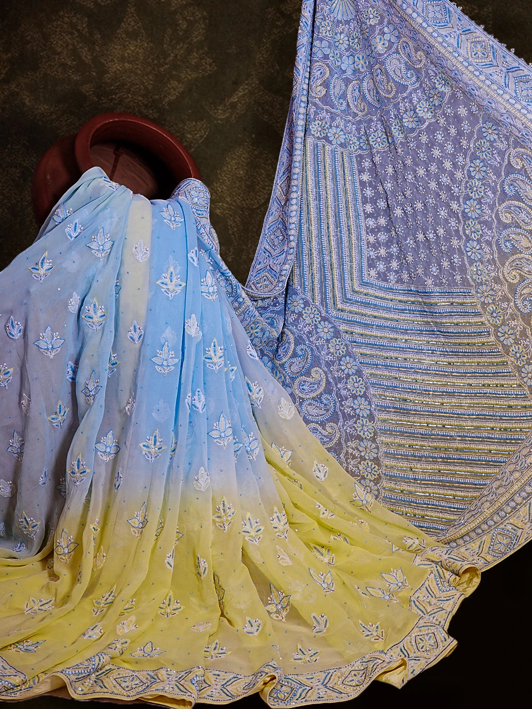 Ada Hand Embroidered Ombre Shade Blue/Lemon Pure Georgette Lucknowi Chikankari Saree and Blouse With Sequinned Work 01A452731