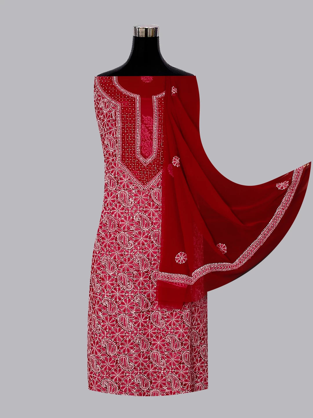 Ada Hand Embroidered Maroon Georgette Lucknowi Chikankari Unstitched Suit Piece With Pearl Work 01A536045