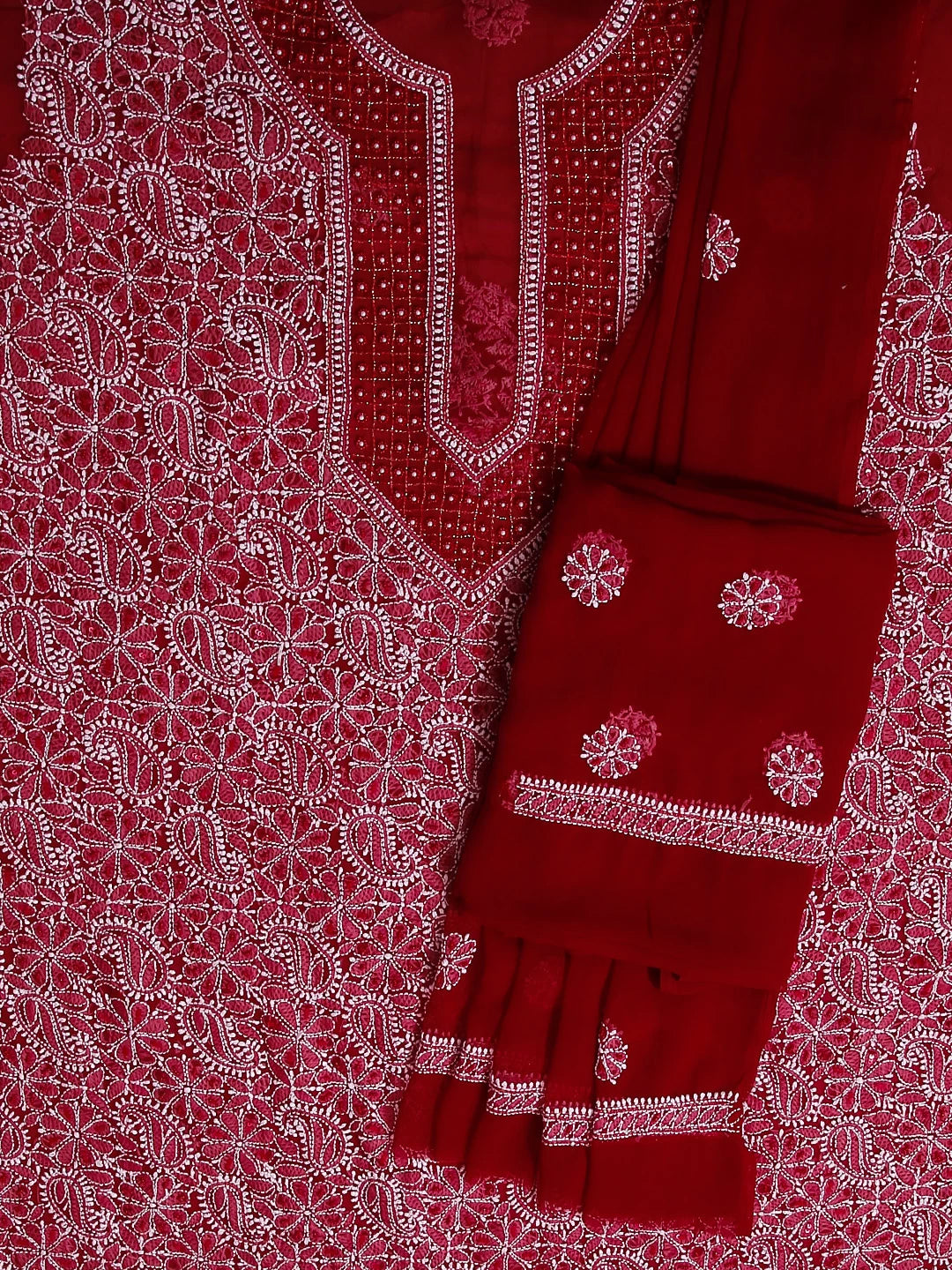 Ada Hand Embroidered Maroon Georgette Lucknowi Chikankari Unstitched Suit Piece With Pearl Work 01A536045