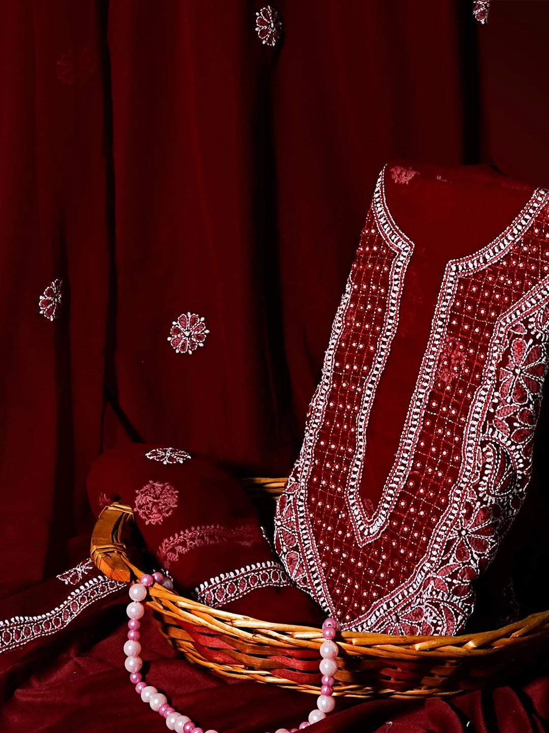 Ada Hand Embroidered Maroon Georgette Lucknowi Chikankari Unstitched Suit Piece With Pearl Work 01A536045