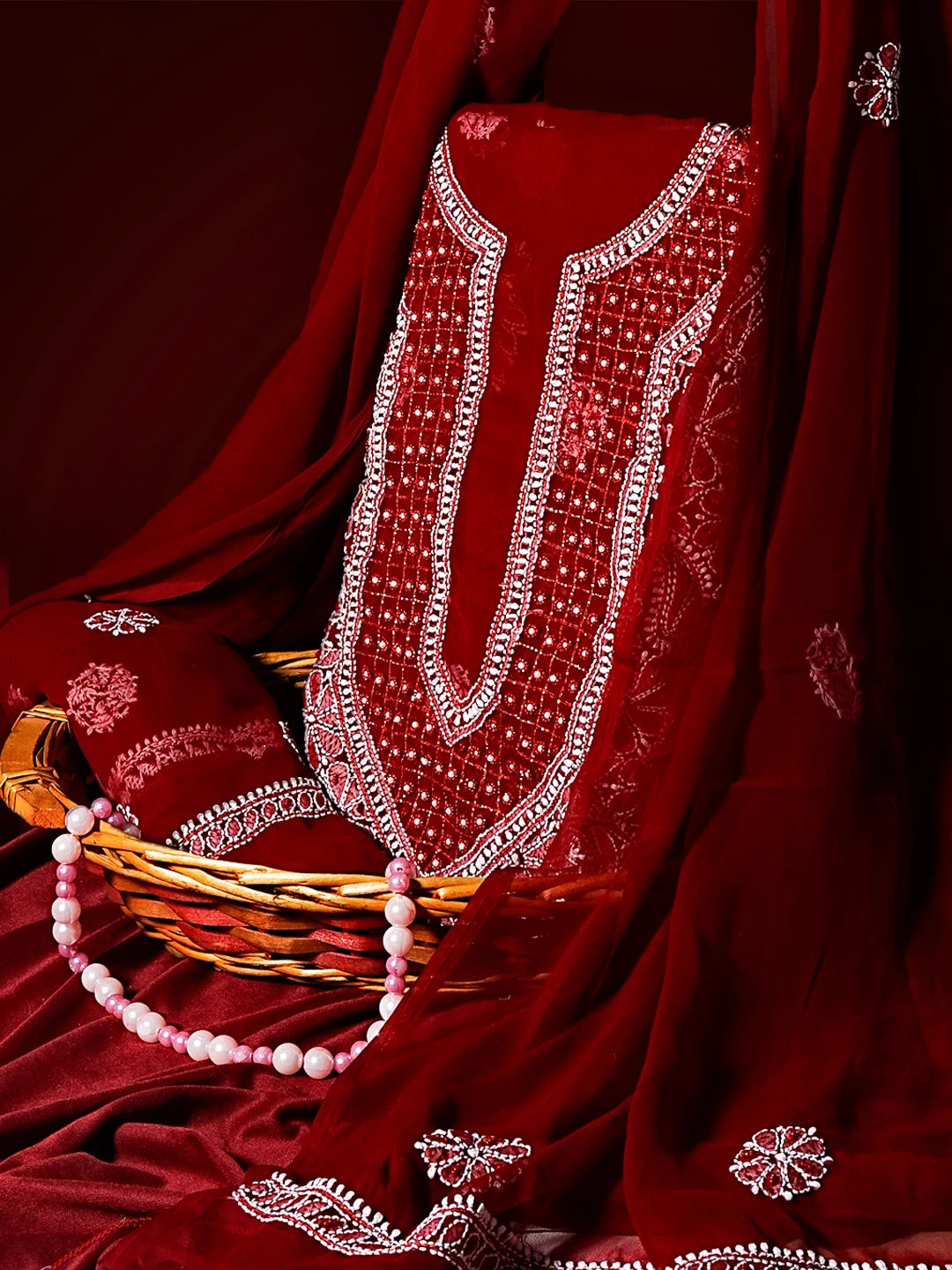 Ada Hand Embroidered Maroon Georgette Lucknowi Chikankari Unstitched Suit Piece With Pearl Work 01A536045