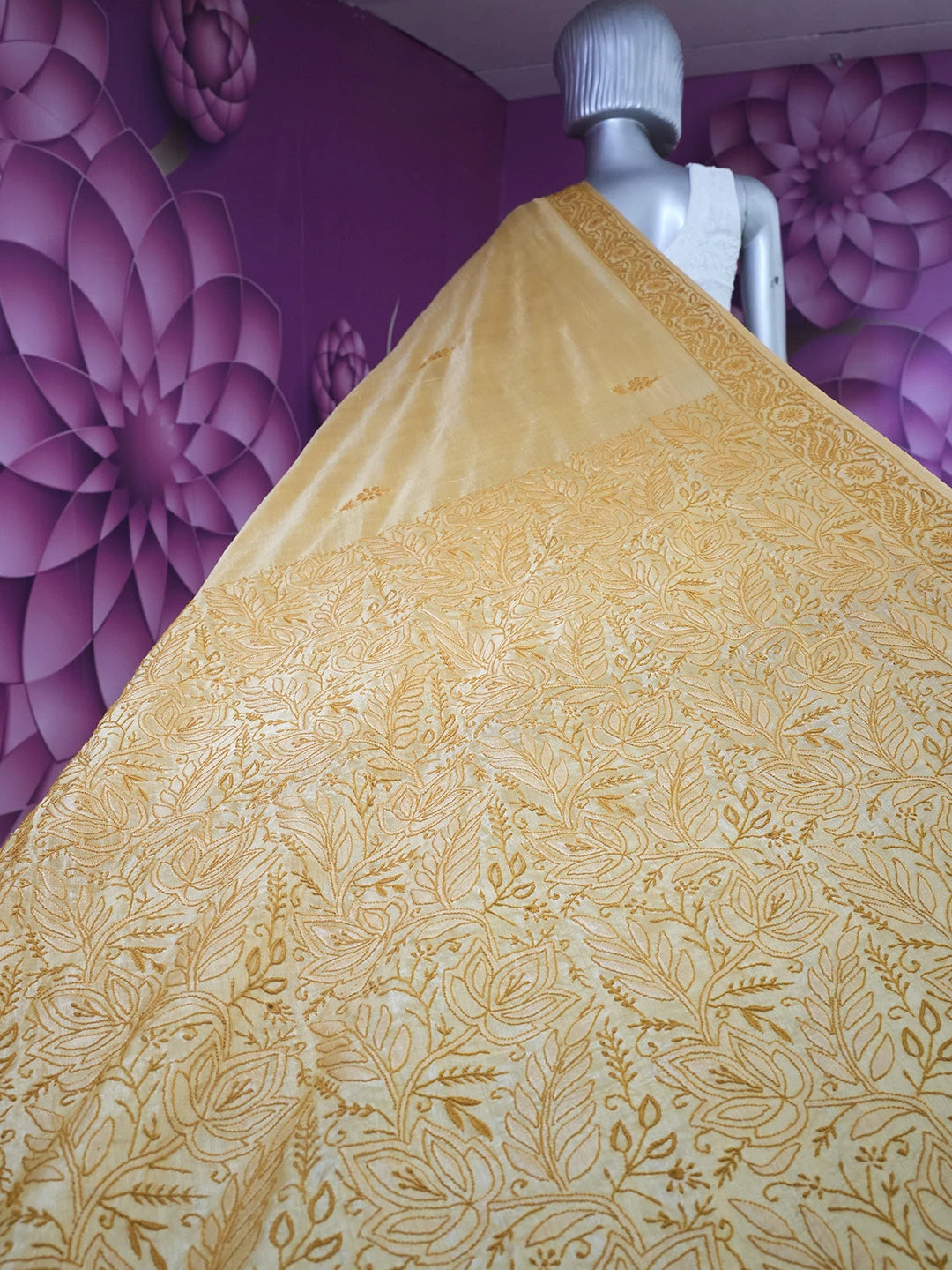 Ada Hand Embroidered Mustard Silk Lucknowi Chikankari Saree With Blouse 01A527191