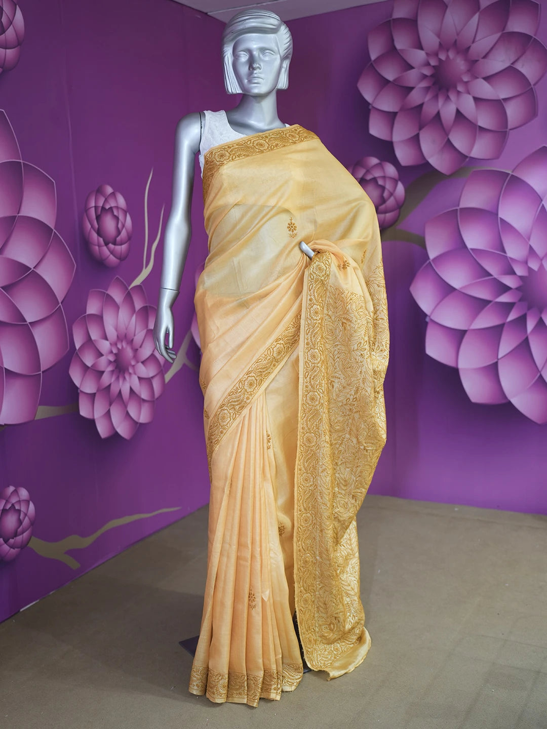 Ada Hand Embroidered Mustard Silk Lucknowi Chikankari Saree With Blouse 01A527191