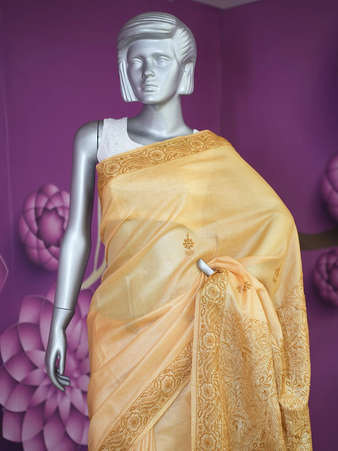 Ada Hand Embroidered Mustard Silk Lucknowi Chikankari Saree With Blouse 01A527191