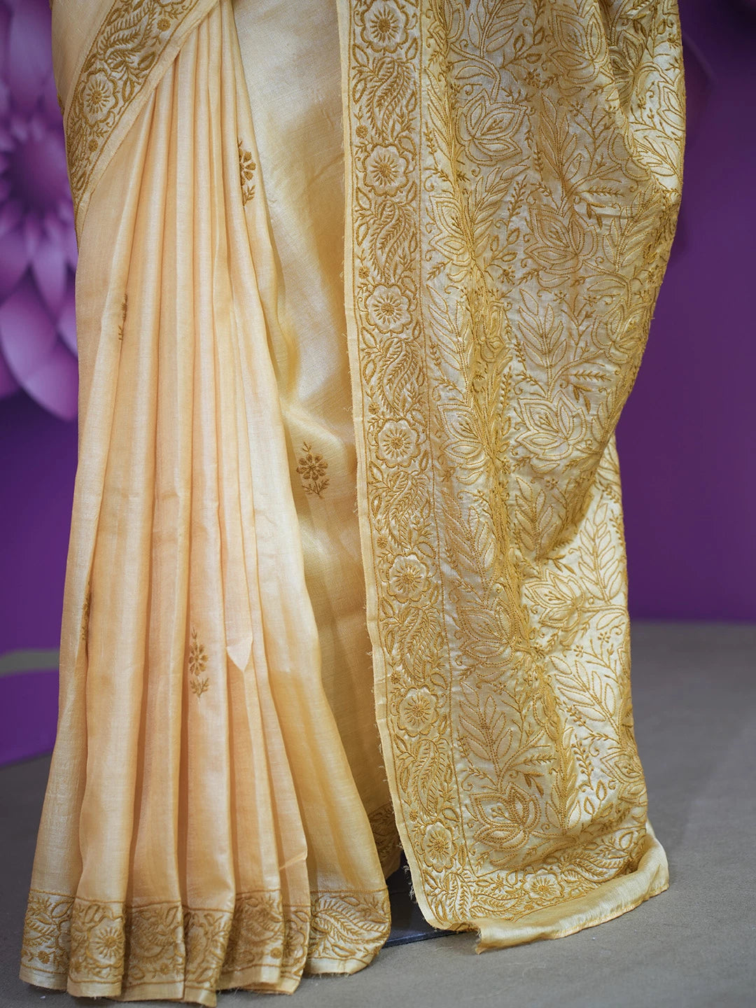 Ada Hand Embroidered Mustard Silk Lucknowi Chikankari Saree With Blouse 01A527191
