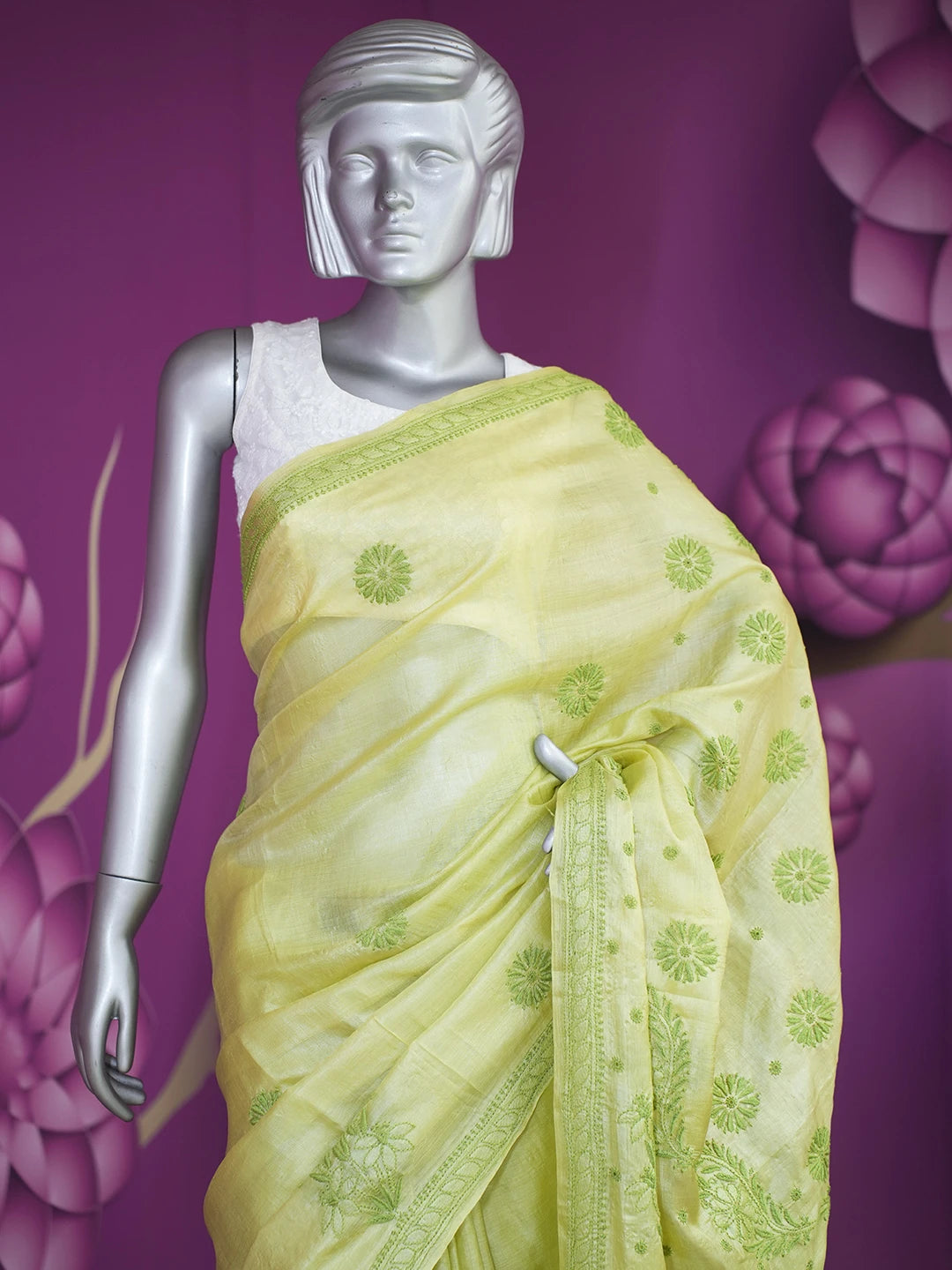 Ada Hand Embroidered Lime Green Silk Lucknowi Chikankari Saree With Blouse 01A527197