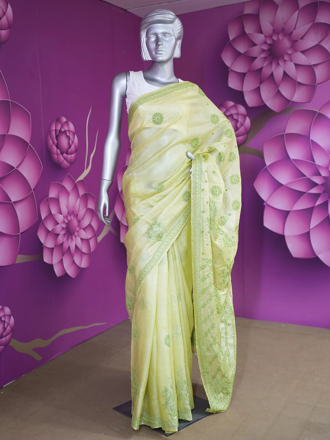 Ada Hand Embroidered Lime Green Silk Lucknowi Chikankari Saree With Blouse 01A527197