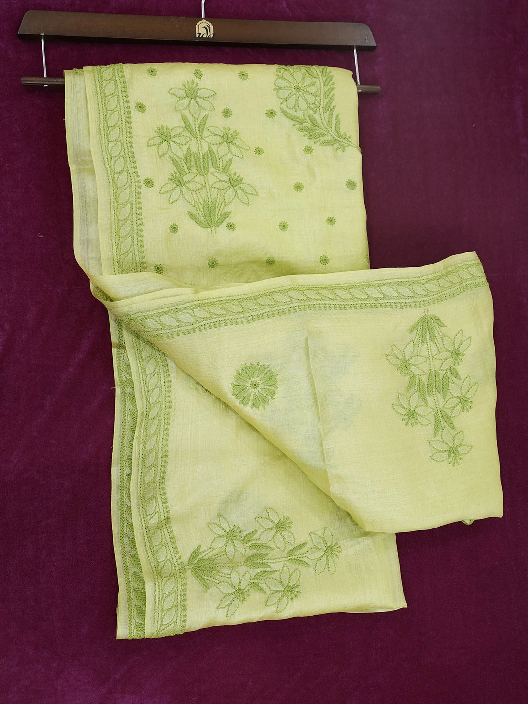 Ada Hand Embroidered Lime Green Silk Lucknowi Chikankari Saree With Blouse 01A527197