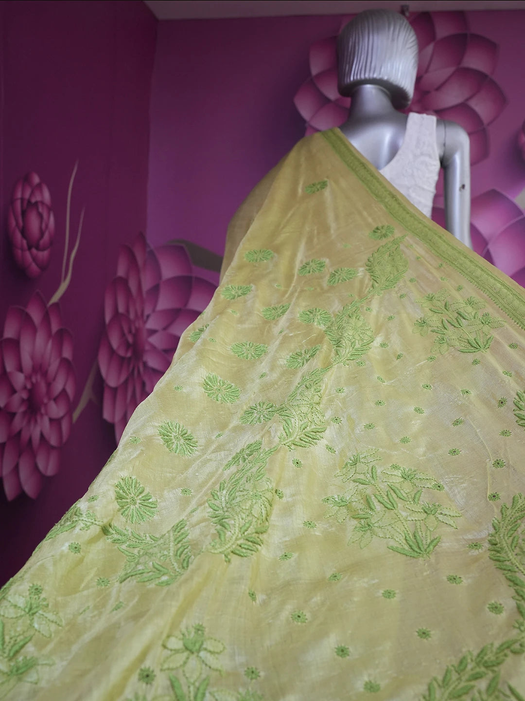 Ada Hand Embroidered Lime Green Silk Lucknowi Chikankari Saree With Blouse 01A527197