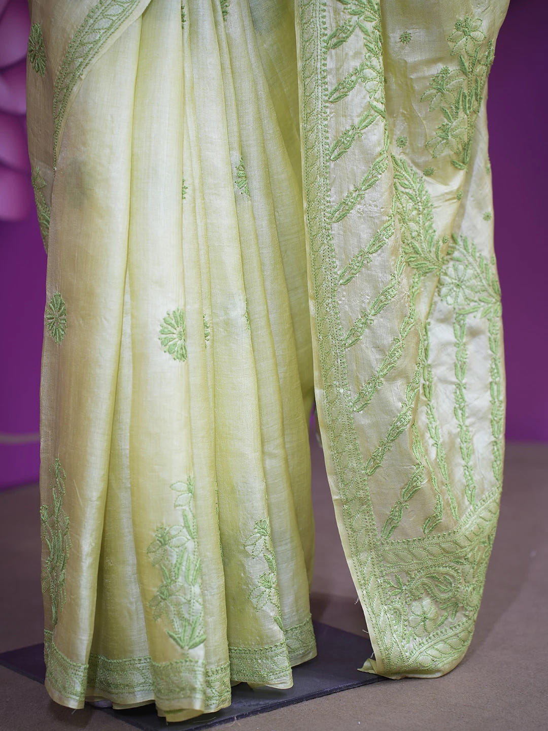 Ada Hand Embroidered Lime Green Silk Lucknowi Chikankari Saree With Blouse 01A527197