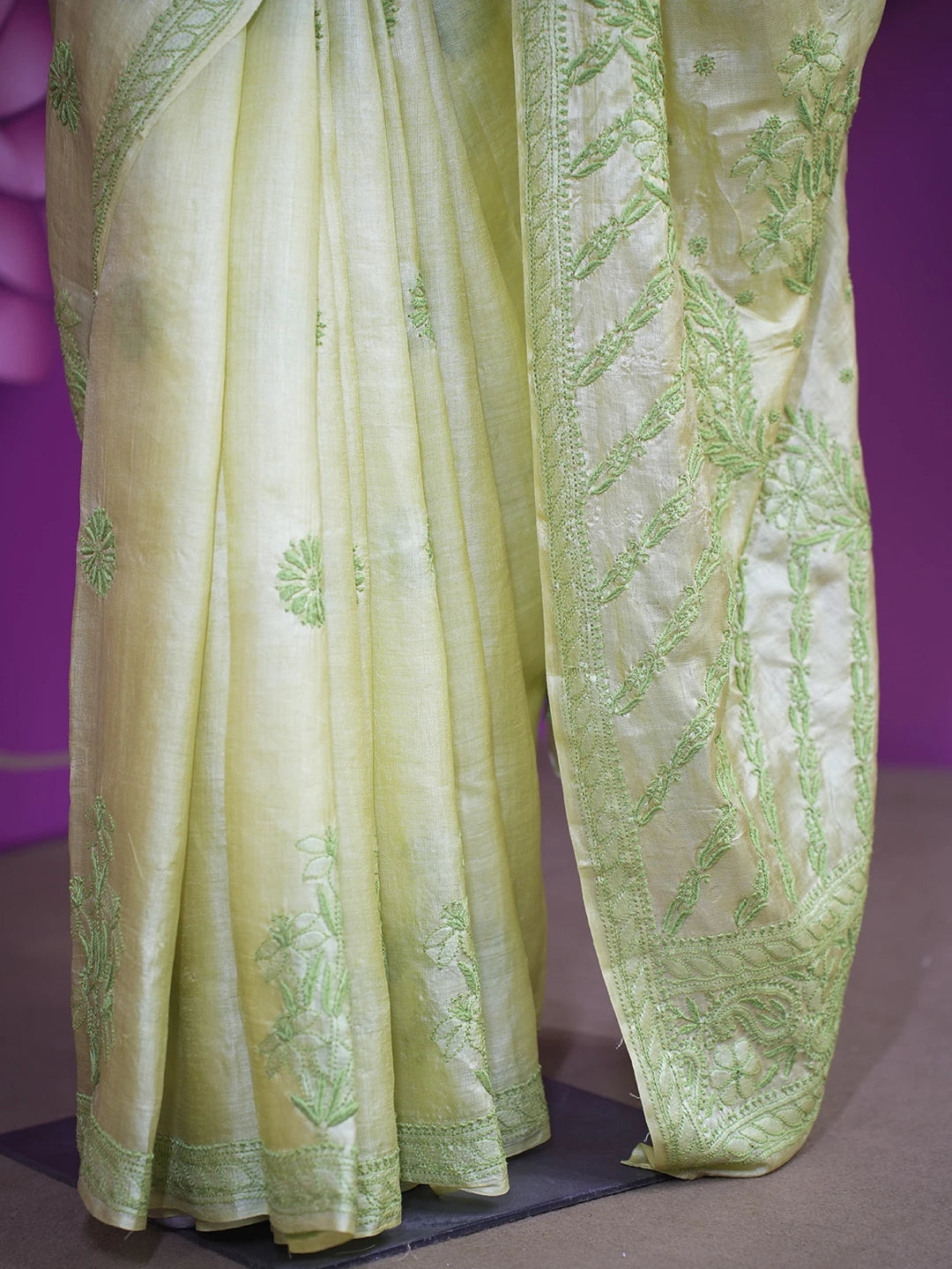 Ada Hand Embroidered Lime Green Silk Lucknowi Chikankari Saree With Blouse 01A527197