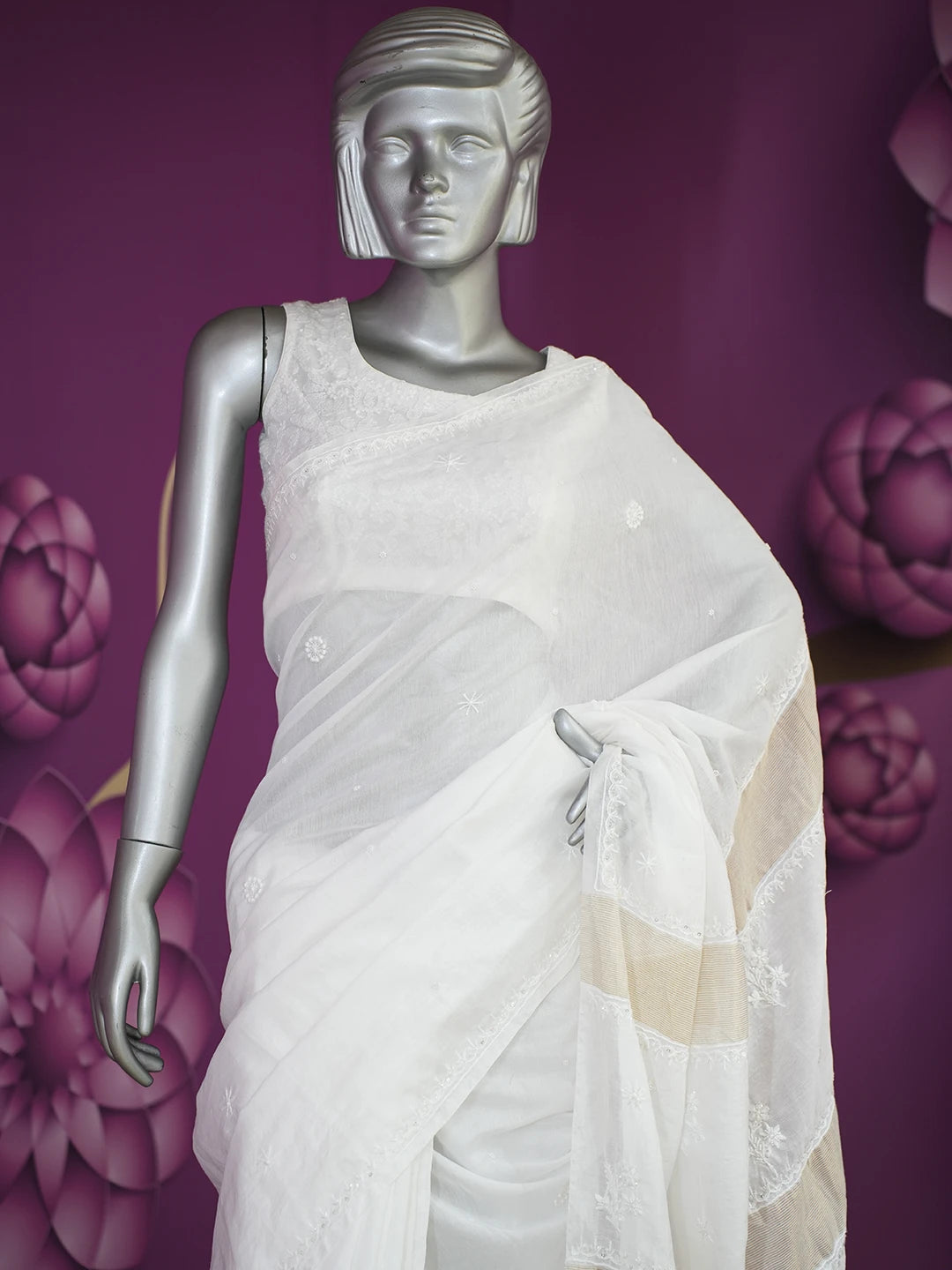 Ada Hand Embroidered White Chanderi Lucknowi Chikankari Saree and Blouse With Pearl Work 01A520223