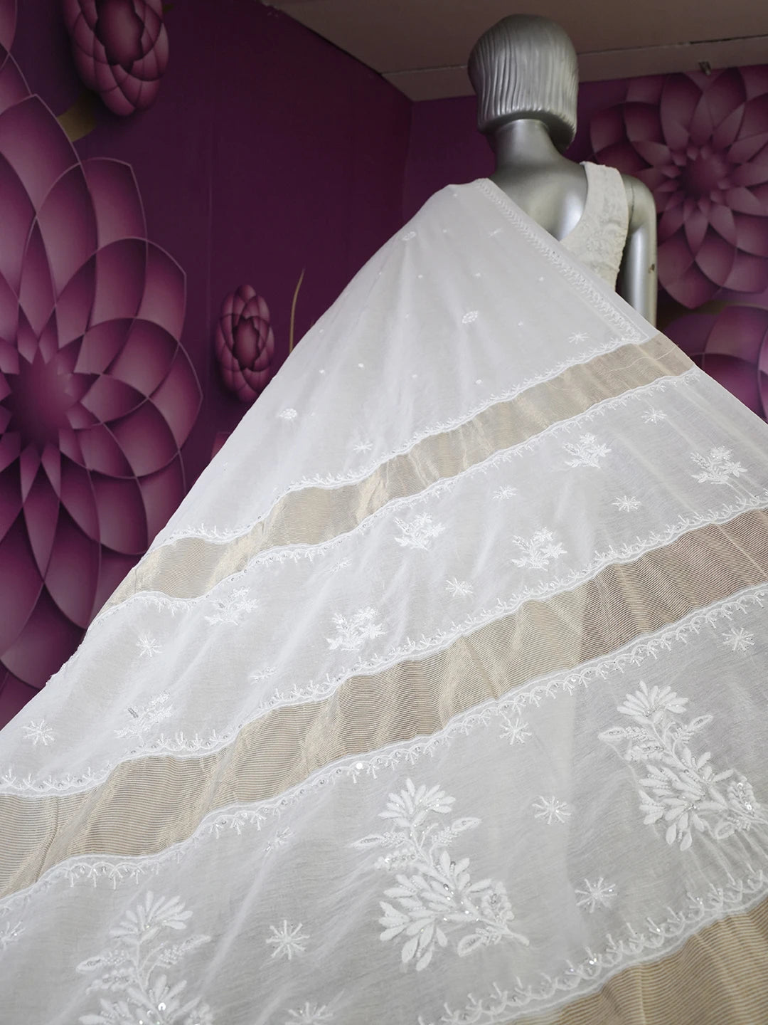 Ada Hand Embroidered White Chanderi Lucknowi Chikankari Saree and Blouse With Pearl Work 01A520223