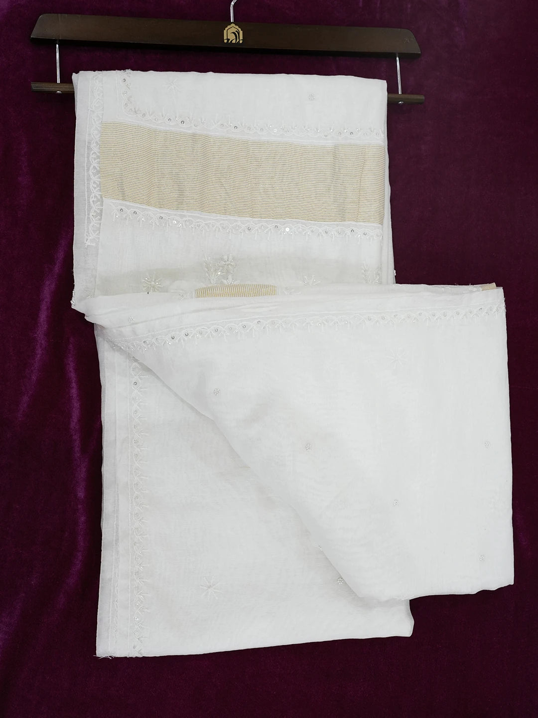 Ada Hand Embroidered White Chanderi Lucknowi Chikankari Saree and Blouse With Pearl Work 01A520223