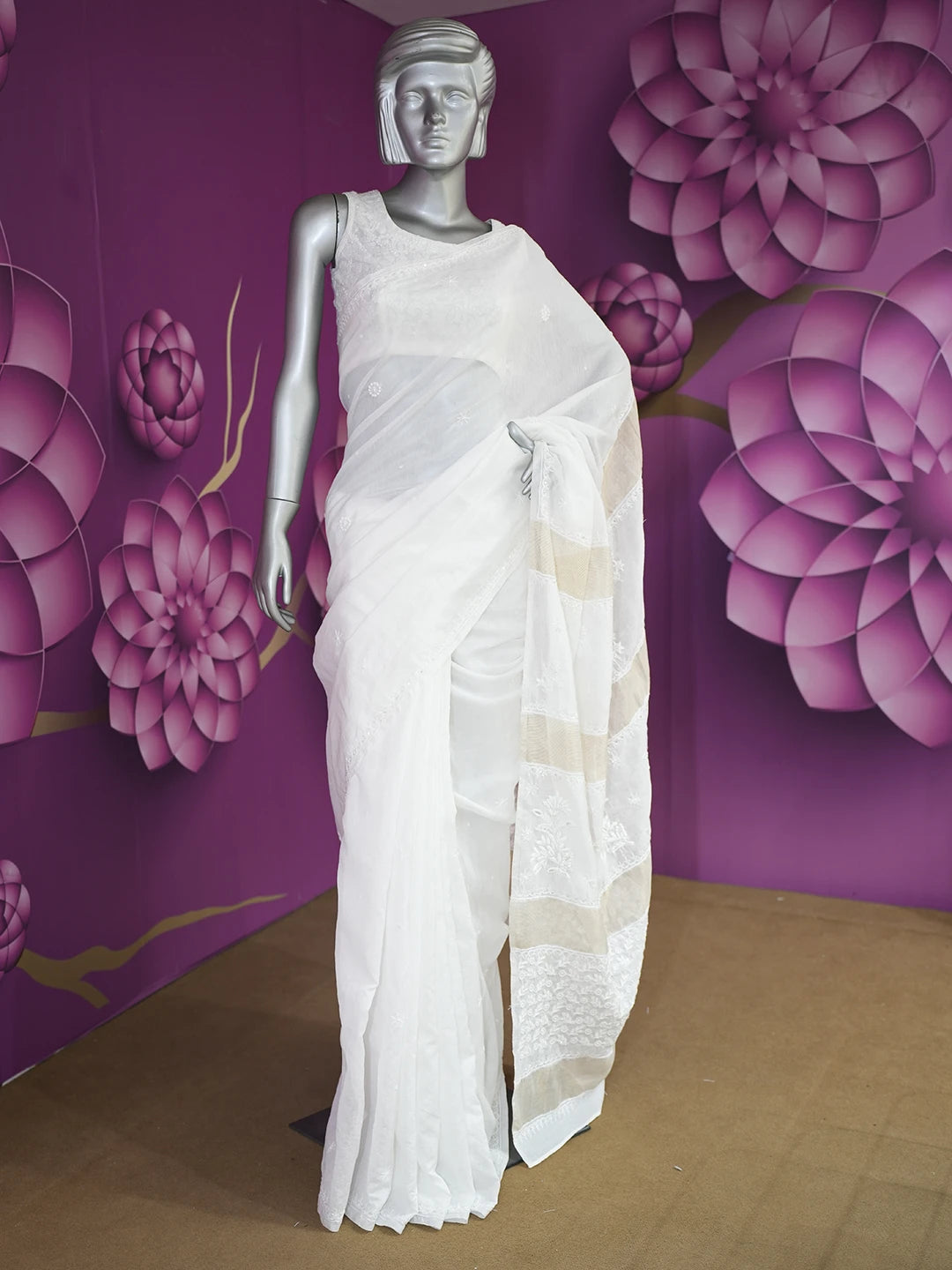 Ada Hand Embroidered White Chanderi Lucknowi Chikankari Saree and Blouse With Pearl Work 01A520223