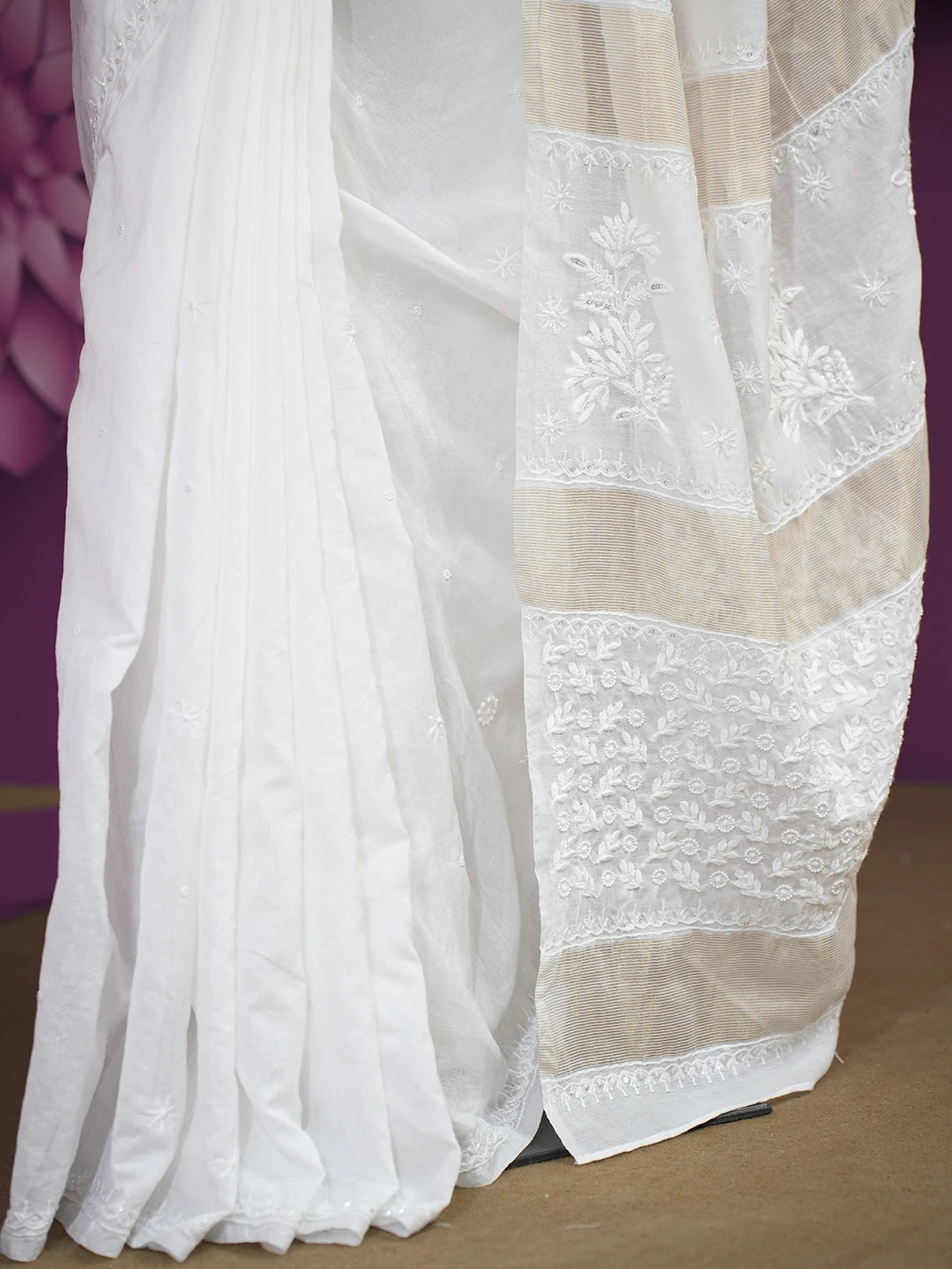 Ada Hand Embroidered White Chanderi Lucknowi Chikankari Saree and Blouse With Pearl Work 01A520223