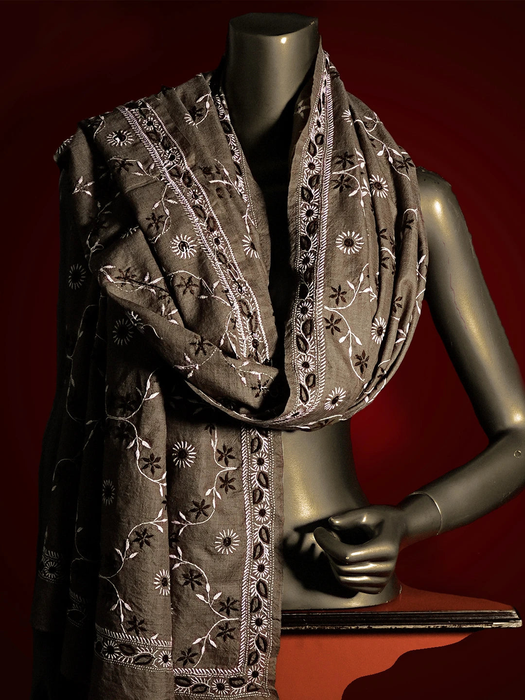 Ada Hand Embroidered Brown Pashmina  Lucknowi Chikankari Shawl 01A536073